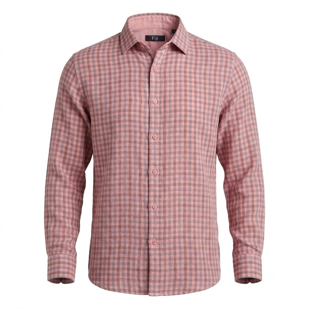 Fiji Mens XXL Pink Purple Gingham 100% Linen Long Sleeve Button Down Shirt